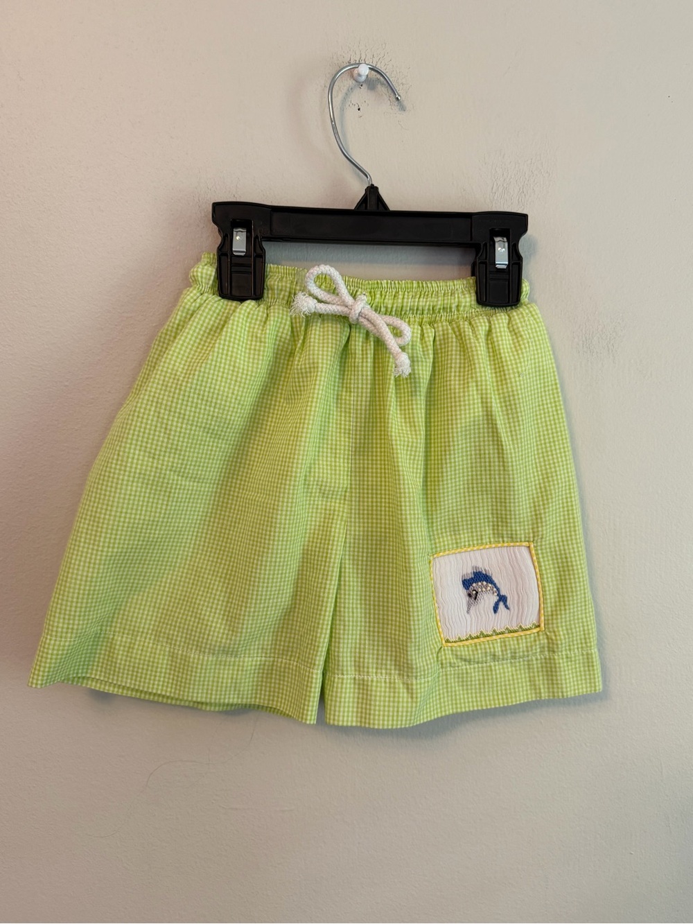 Castles & Crowns Lime Green Gingham Swim Trunks with Smocked Fish